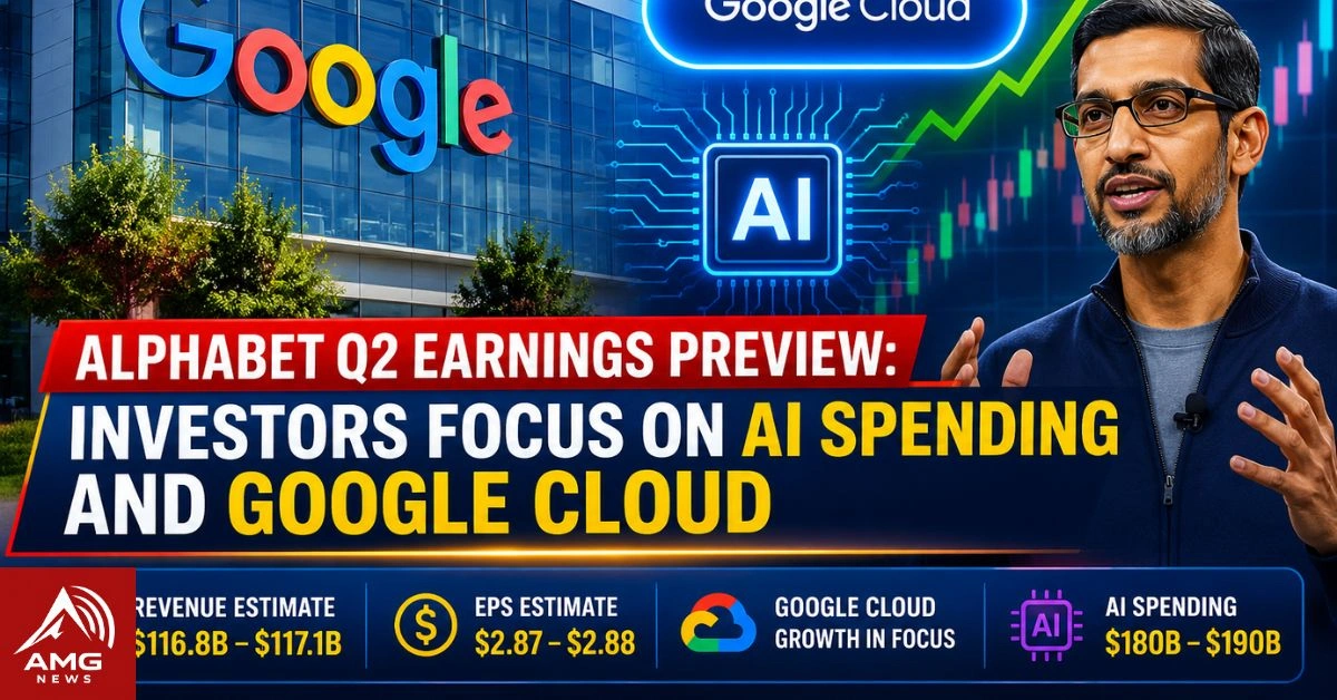 Google headquarters as investors await Alphabet Q2 2026 earnings focused on AI spending and Google Cloud growth.