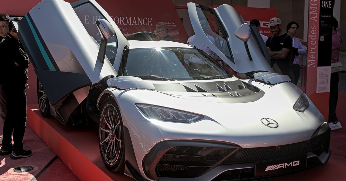 Mercedes-AMG ONE hypercar displayed at IAA 2023, front view highlighting the aggressive aerodynamic design