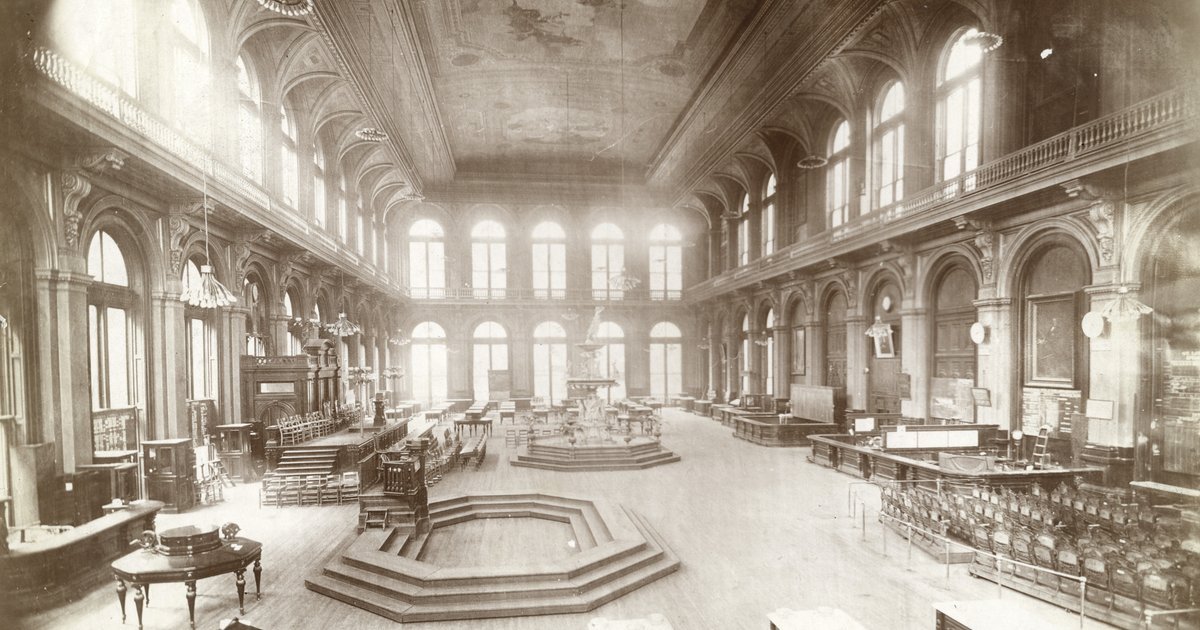 Historical trading floor at the Merchants Exchange, illustrating the origins of bespoke trading in America