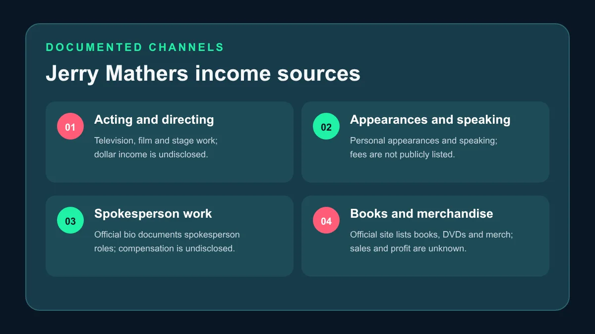 Jerry Mathers potential income sources including acting, appearances, spokesperson work and merchandise