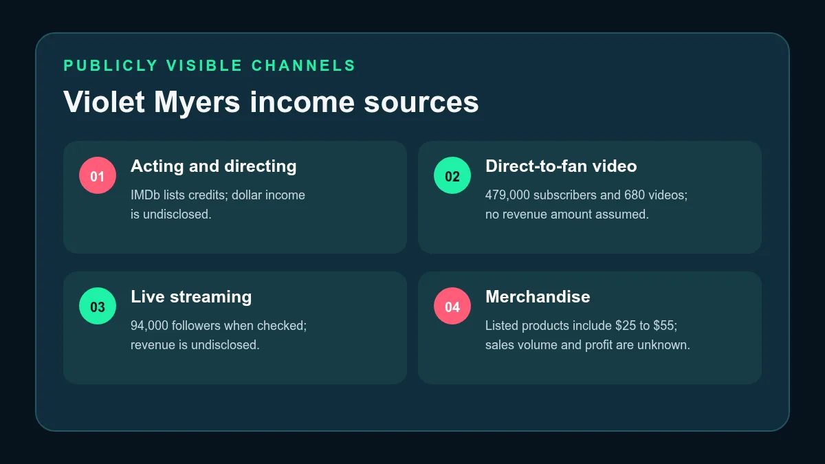 Violet Myers income sources breakdown showing acting, YouTube, Twitch and merchandise